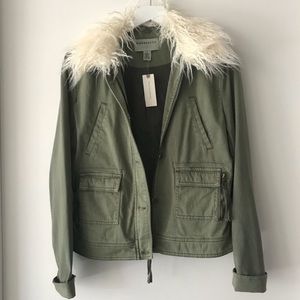 Anthropologie Green Jacket w Removable fur collar